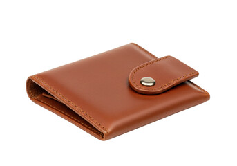 Isolated brown leather bi-fold wallet with a button closure, fashionably on display, accessory