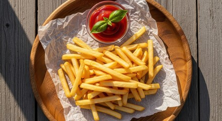 Illustration of delicious french fries served with ketchup on a wooden plate, top view