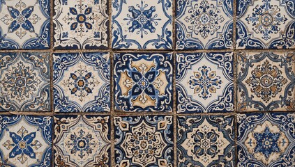 Ornamental antique tiles from Portugal, showcasing intricate designs and historical craftsmanship