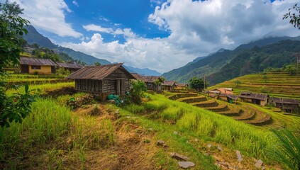 Terraced rice fields with small houses in a mountainous region, showcasing agricultural practices and rural livelihood