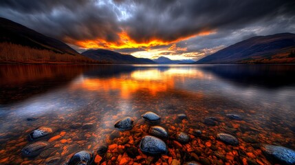 Mountain lake reflects colorful sunset under dramatic cloudy sky with rocks visible through clear water.