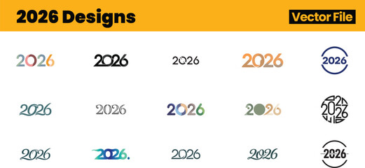 Stylish 2026 Design Collection Featuring Sixteen Unique Typographic Variations Arranged in a Four-by-Four Grid with Bold Colors and Decorative Graphic Treatments