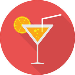 Refreshing Orange Juice Cocktail With Slice Of Orange And White Straw In A Martini Glass On A Red Circle Background With Long Shadow
