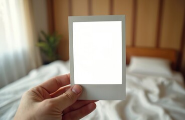 Human hand holds up blank instant photo frame. Empty white card in person finger for text picture. Stock image shows memory, past moments, future ideas in hotel room setting. Good creative concept.