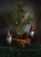 A prickly pine tree with Christmas toys and gnomes. Waiting for a miracle.
