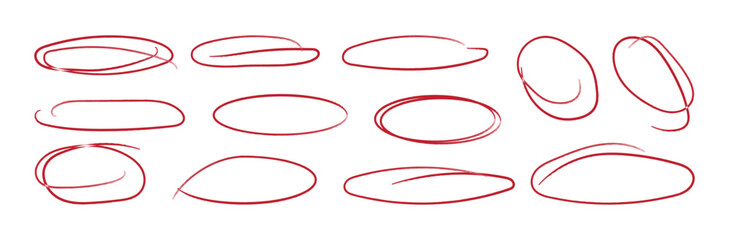 Naklejka premium Set of red pen hand drawn doodle marks, red circle and oval stroke set. Outline red drawing line clipart symbol
