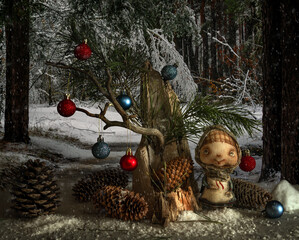 Christmas toys and cheerful dolls against the background of a snowy forest.