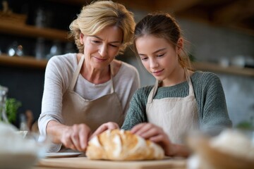 Caucasian elderly female and teen girl baking together in kitchen