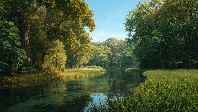 Lush green leaves complemented by a serene river, ideal for nature-focused backgrounds