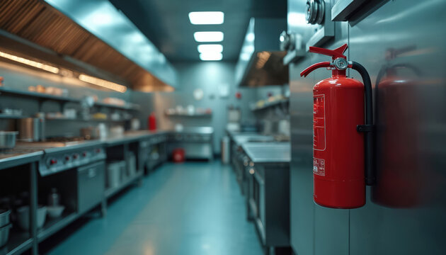 Pro kitchen features fire extinguisher. Restaurant kitchen includes stainless steel equipment, food prep area. Eatery ensures safety via firefighting readiness. Commercial cooking area ready.