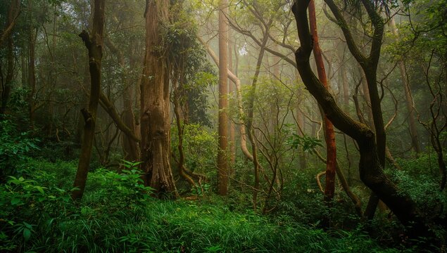 Rainforest setting with trees and vibrant greenery, highlighting environmental preservation