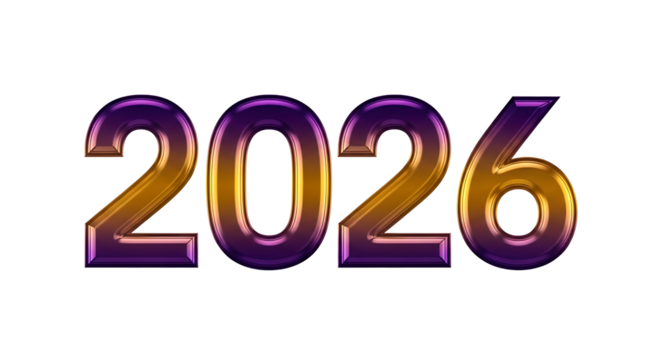 Futuristic glowing metallic numbers 2026 with purple and gold gradient effect isolated on transparent background