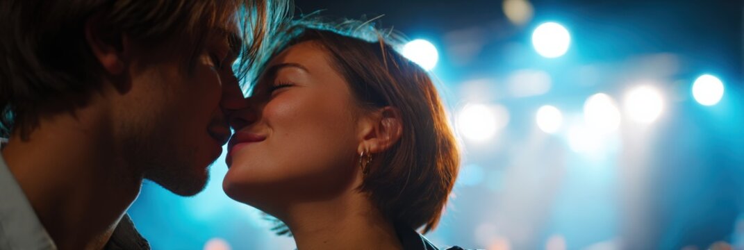Young caucasian couple sharing a tender moment in vibrant club ambiance - Powered by Adobe