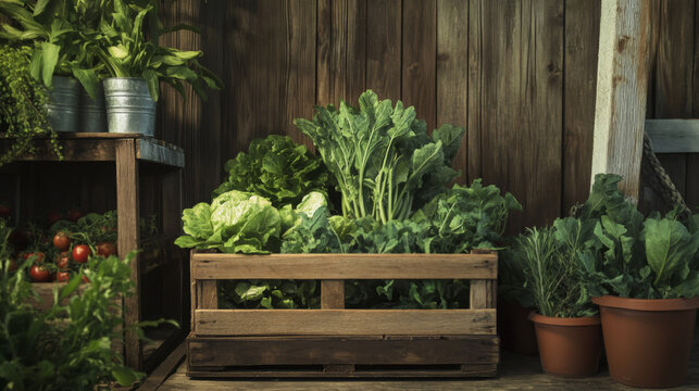 Fresh Green Herbs and Lettuce in Rustic Wooden Crates Indoors