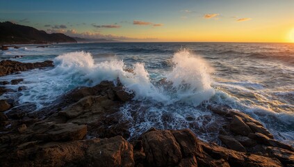 Obraz premium A dramatic coastline featuring crashing waves against sharp rocks, showcasing erosion risk