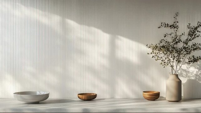 Minimalist japandi interior living featuring natural light and shadows