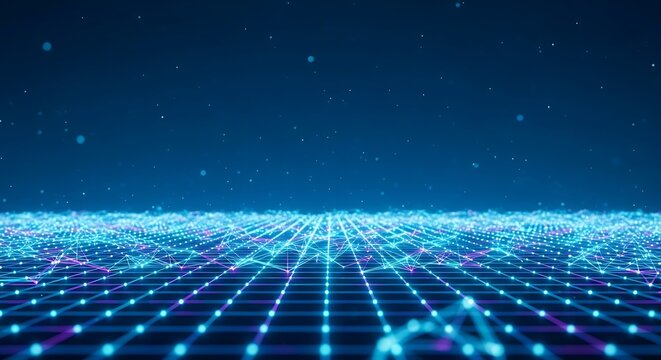 Abstract digital landscape with glowing grid and particles, representing technology, data, and futuristic concepts in a vibrant blue color scheme