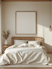 japandi summer bedroom, empty wall frame mockup, linen bedding, bamboo headboard, soft sunlight, minimalist zen interior design