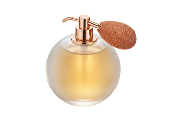Isolated luxurious perfume bottle with atomizer for feminine fragrance and vintage glamour