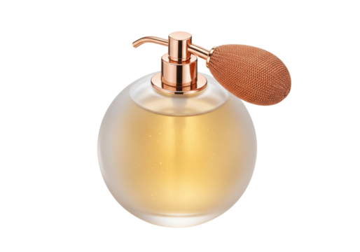 Isolated luxurious perfume bottle with atomizer for feminine fragrance and vintage glamour