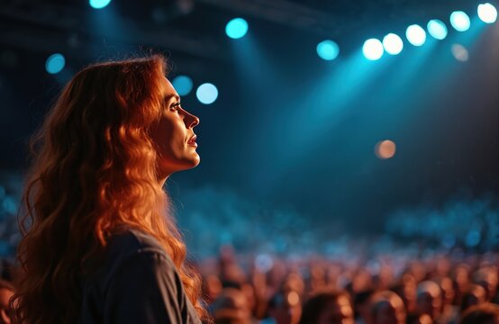 Red haired woman on stage speaking to audience in spotlights. Female presenter addresses crowd during conference event. Public speaking engagement in large venue with bright blue lights.