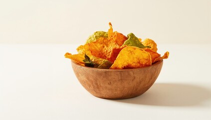 Vegetable chips arranged in a wicker bowl on a white backdrop, fiber-dense choice
