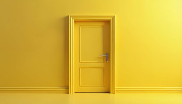 Bright yellow door stands in sunny yellow room new beginnings, opportunity. Simple modern interior design with clean lines suggests fresh start. Endless possibilities await beyond entry.