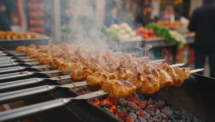 Close-up of chicken shish kebabs grilling over hot charcoal at a bustling street food market, with smoke and spices in the air.	