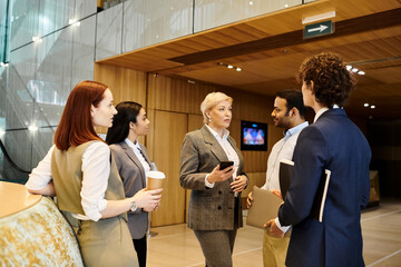Business professionals engage in discussion in a modern office setting during daytime hours