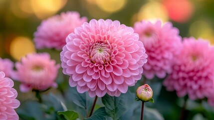 Pink dahlia flower blooms beautifully with soft petals against a blurred bokeh background in natural light.