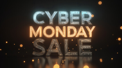 Cyber Monday Sale Glowing 3D Text on Dark Background with Bokeh
