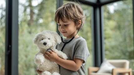 Kid plays doctor with toy