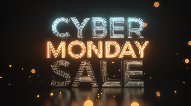 Cyber Monday Sale Glowing 3D Text on Dark Background with Bokeh
