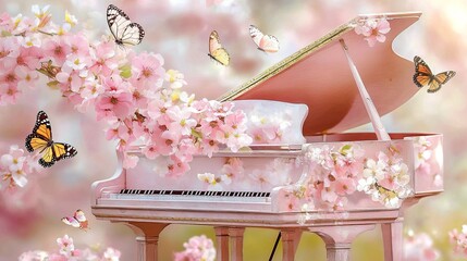 Pink grand piano is adorned with blossoming cherry flowers as butterflies flutter around it.