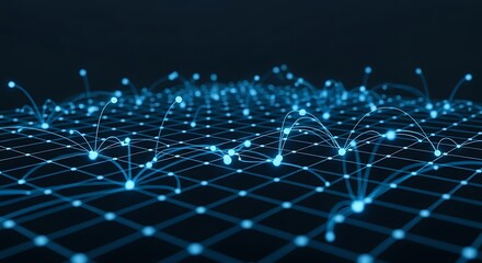 A network of interconnected blue dots and lines forms a futuristic landscape, symbolizing data connection and technological advancement in a digital world