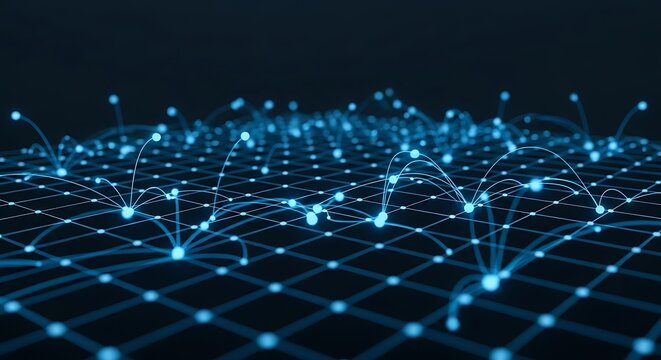 A network of interconnected blue dots and lines forms a futuristic landscape, symbolizing data connection and technological advancement in a digital world