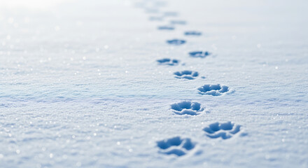 Animal footprints stretching into the distance across a blanket of fresh snow in winter