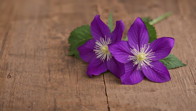 Two purple clematis flowers placed on a wooden table, suitable for editorial background