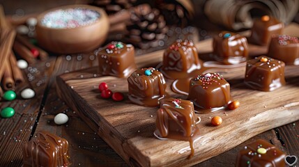 Delicious caramel cubes. Creamy caramel candies on a wooden board. Sweet treats, toffee confectionery.