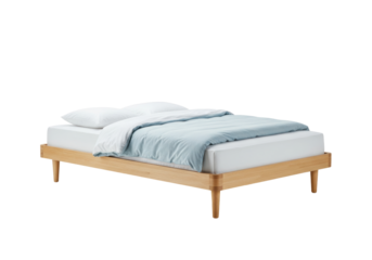 Isolated wooden bed frame with mattress, pillow, and bedding for bedroom furnishing