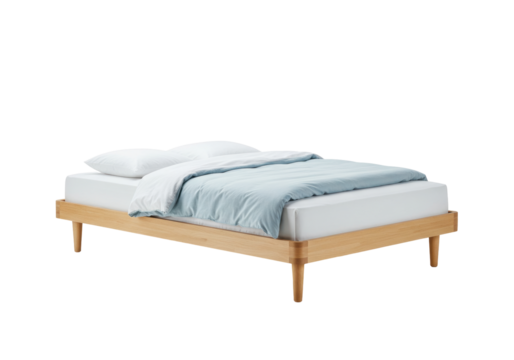 Isolated wooden bed frame with mattress, pillow, and bedding for bedroom furnishing