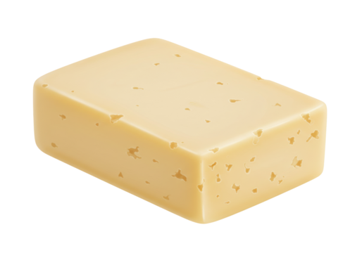 Isolated block of Swiss cheese with holes, yellowish color, natural food product