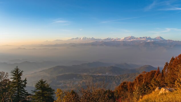Expansive view of the majestic Himalayas mountain range in autumn light, showcasing seasonal change - Powered by Adobe
