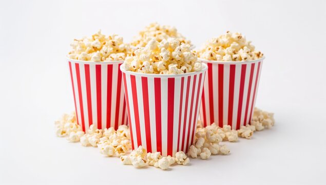Popcorn box, red and white striped buckets of popcorn on a white background, snack option, National Popcorn Day - Powered by Adobe