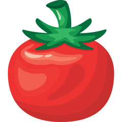 Round Red Tomato With Green Stem And Leaves Isolated On White Background Simple Flat Design Style