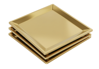 Isolated set of shiny metallic gold trays or plates stacked on each other at an angle