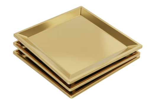 Isolated set of shiny metallic gold trays or plates stacked on each other at an angle