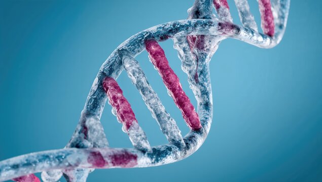 Macro photograph of a DNA double helix structure, focusing on molecular complexity,