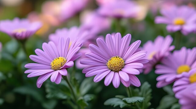 Purple daisies are blooming in a lush green garden with soft, diffused lighting.