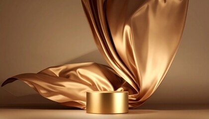Gold Cylindrical Podium with Flowing Silk Fabric for Elegant Product Display